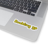 Doubling Gp OSRS sticker on laptop surface, classic RuneScape scam phrase merch decal