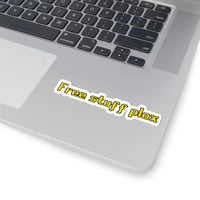 Free Stuff Plox OSRS sticker on laptop surface, classic Old School RuneScape begging phrase merch decal