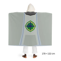 Back view of a hooded sherpa fleece blanket featuring the Achievement Diary skillcape, Old School RuneScape inspired OSRS merch blanket and a meaningful gift