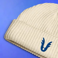 Armadyl embroidered beanie laid flat with OSRS inspired design, Old School RuneScape merch beanie and a clean gift idea