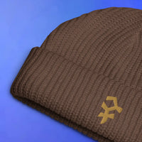 Bandos embroidered beanie shown flat, OSRS inspired Old School RuneScape merch beanie and a stylish gift for gamers