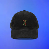Black corduroy cap with jester emote OSRS stitched detail, Old School RuneScape merch cap and a clean everyday gift