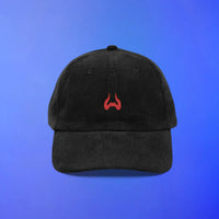 Black corduroy cap with Zamorak OSRS stitched emblem, Old School RuneScape merch cap and a striking everyday gift