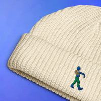 Zombie embroidered beanie displayed flat with OSRS inspired design, Old School RuneScape merch beanie and a unique gift