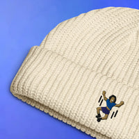 Jump For Joy embroidered beanie shown flat, OSRS emote inspired Old School RuneScape merch beanie and a playful gift