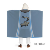 Back view of an fishing skillcape inspired hooded sherpa fleece blanket, featuring an Old School RuneScape design, a cozy OSRS merch piece and perfect gift for gamers