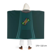 Back view of a Fletching skillcape hooded sherpa fleece blanket, inspired by Old School RuneScape, a soft OSRS merch blanket and a great gift for gamers