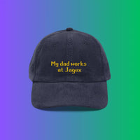 Navy corduroy OSRS cap with “my dad works at jagex” embroidery, inspired by classic RuneScape player jokes.