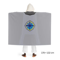 Back view of a Quest skillcape hooded sherpa fleece blanket, inspired by Old School RuneScape, a cozy OSRS merch blanket and a meaningful gift for gamers