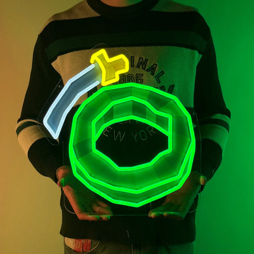 A man proudly holding up a runescape Warrior ring LED neon sign, showcasing his love for the game.