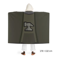 Back view of a Smithing skillcape hooded sherpa fleece blanket, inspired by Old School RuneScape, a cozy OSRS merch blanket and a thoughtful gift for gamers