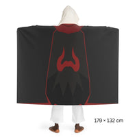 Back view of a Zamorak symbol hooded sherpa fleece blanket, OSRS inspired Old School RuneScape merch blanket and a bold gift for gamers