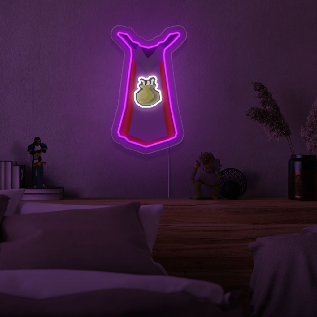 The Runescape Cooking Cape LED neon sign is mounted above a bed, featuring the cooking pot symbol from the game. This LED neon sign creates a cozy atmosphere in the bedroom, inviting players to reminisce about their cooking experiences in RuneScape.