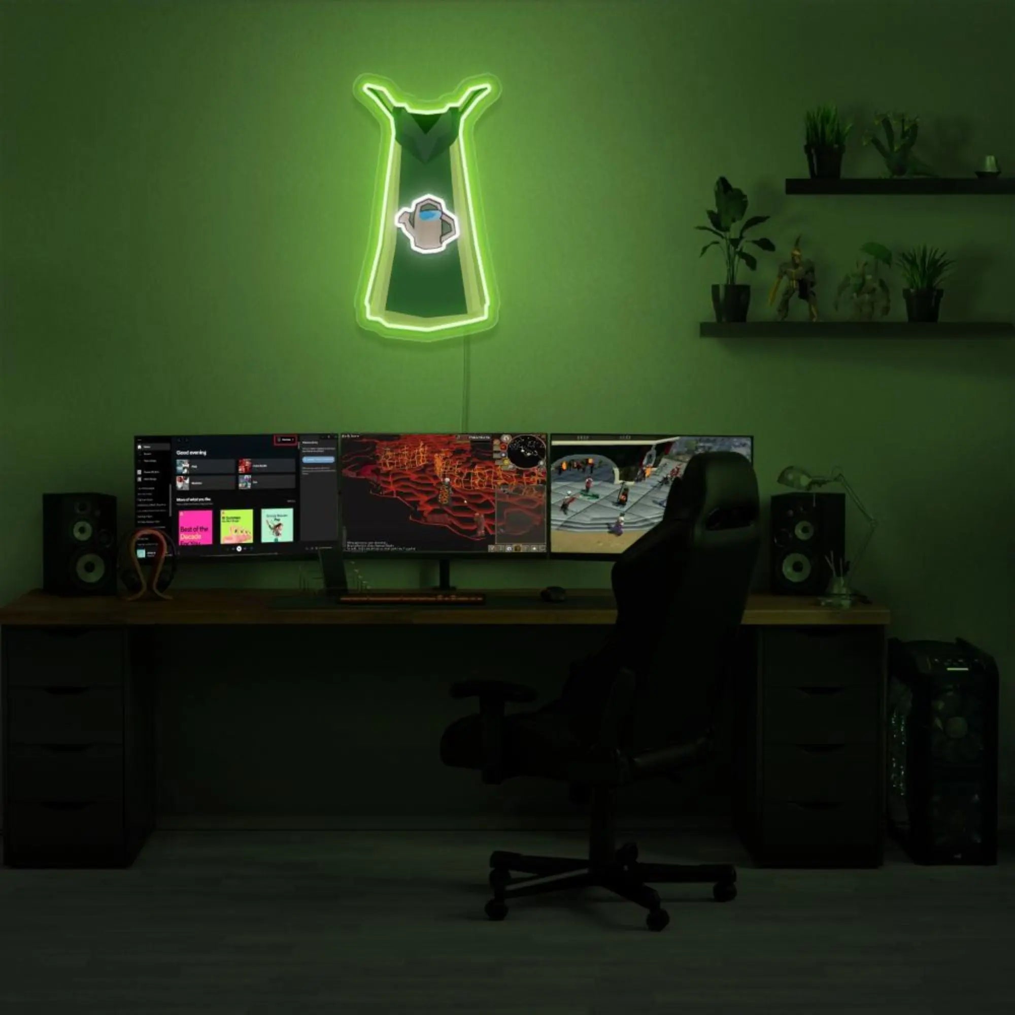 Illuminate your gaming setup with the Runescape Farming Skillcape LED neon sign mounted above a gaming PC. Featuring the iconic farming skill symbol, this LED neon sign adds a touch of agricultural charm to your gaming environment, reminiscent of harvesting crops in RuneScape. A unique gift for Runescape enthusiasts. 