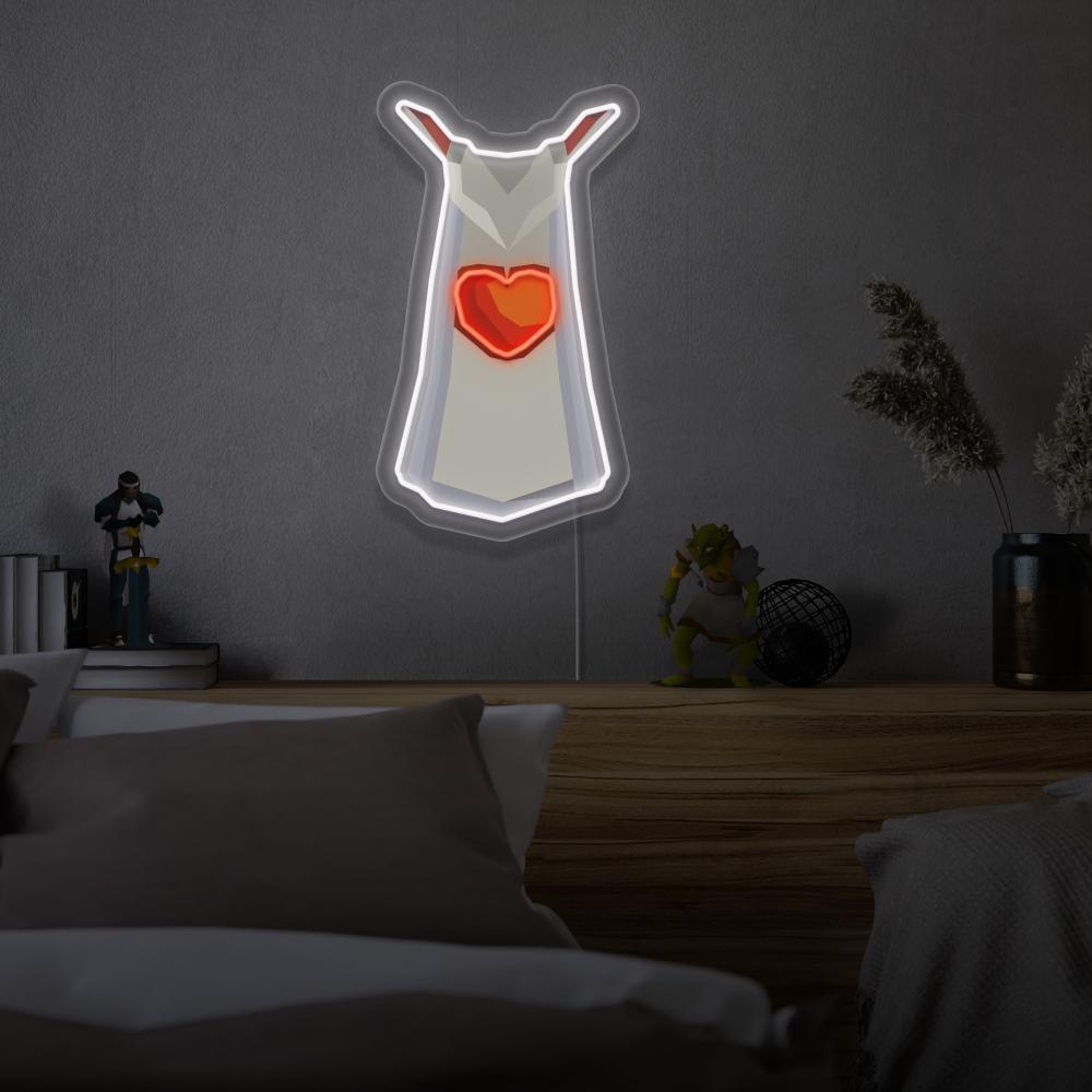 The Runescape Hitpoints Skillcape LED neon sign hangs above a bed, infusing the bedroom with the spirit of adventure and resilience. A perfect and empowering gift for Runescape enthusiasts seeking rest and rejuvenation.