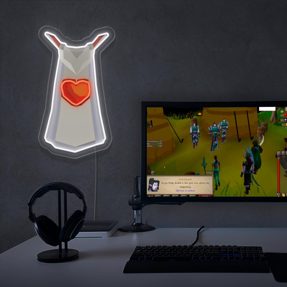 The Runescape Hitpoints Skillcape LED neon sign stands proudly next to a gaming PC, evoking memories of epic quests and battles in RuneScape. A unique gift for Runescape enthusiasts seeking health and vitality.