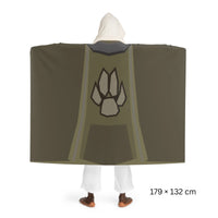 Back view of a Hunter skillcape hooded sherpa fleece blanket, inspired by Old School RuneScape, a soft OSRS merch blanket and a unique gift for gamers