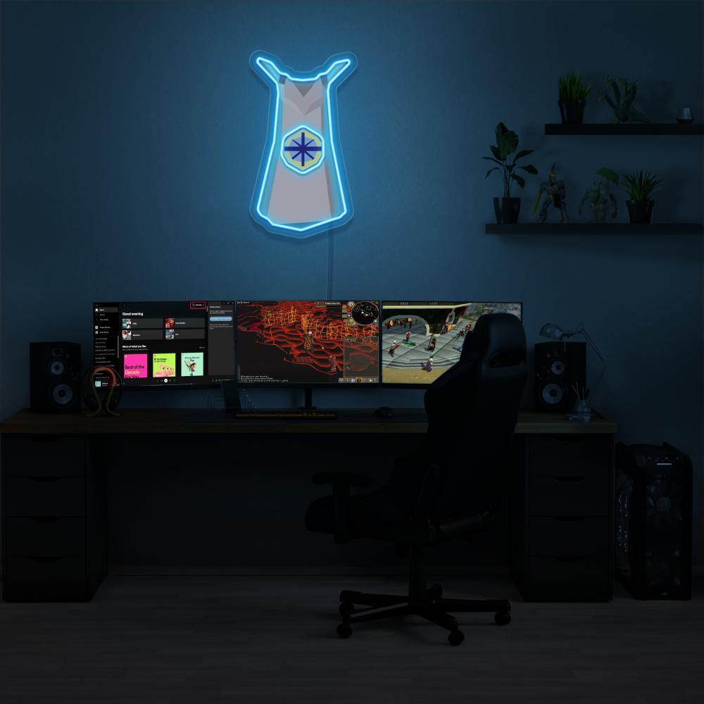  Illuminate your gaming setup with the Runescape Quest Skillcape LED neon sign mounted above a gaming PC. The iconic Quest Skillcape symbolizes the completion of numerous quests in Old School RuneScape. A perfect addition to the room, this LED neon sign enhances the ambiance for RS enthusiasts. 