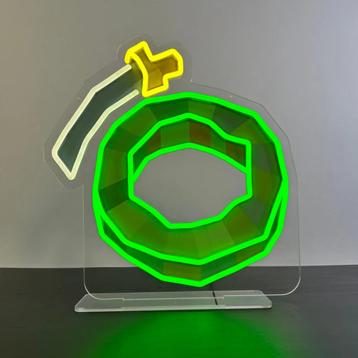 A close-up of a runescape Warrior ring led neon sign illuminated on a table, bringing the game's essence to life.