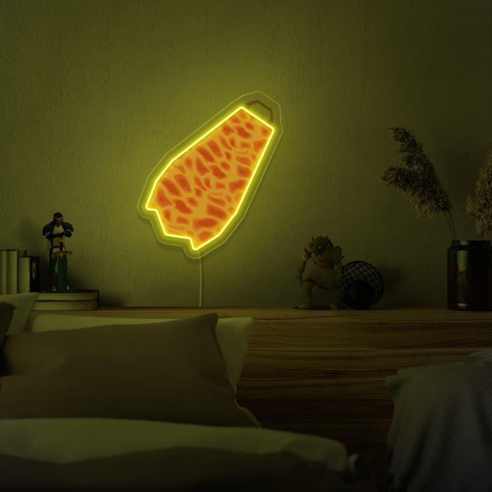 Mount the Runescape Fire Cape LED neon sign above your bed to infuse your bedroom with the spirit of triumph. The iconic Fire Cape design from RuneScape adds a touch of adventure and accomplishment to your personal space, making it a unique and inspiring gift for Runescape enthusiasts.