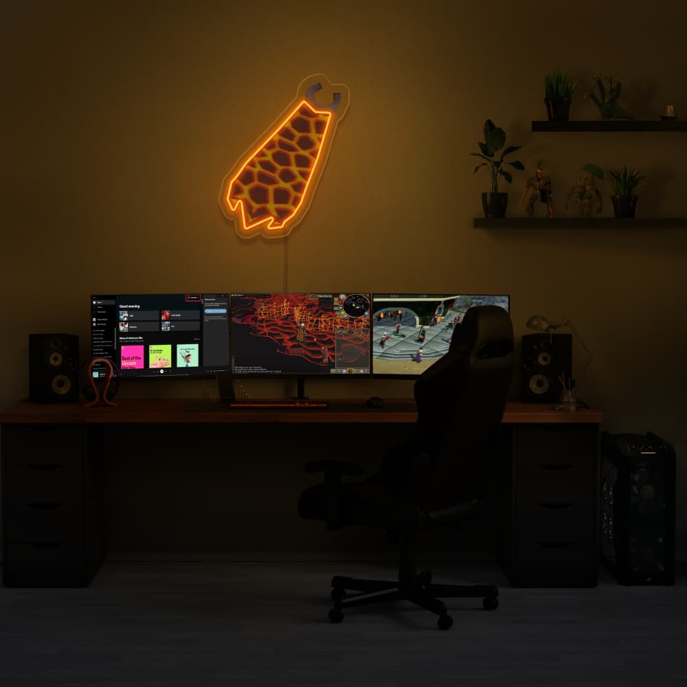 Illuminate your gaming setup with the Runescape Infernal Cape LED neon sign mounted above a gaming PC. The iconic Infernal Cape symbolizes perseverance and dedication in Old School RuneScape. A perfect gift for RS enthusiasts.