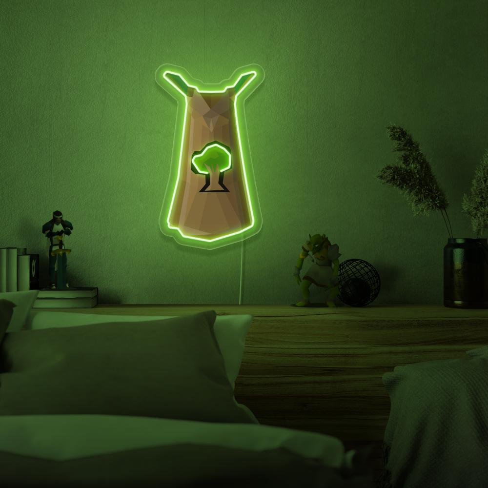 Mount the Runescape Woodcutting Skillcape LED neon sign above your bed to inspire dreams of dedication and mastery in RuneScape. The Woodcutting Skillcape represents the hard work and perseverance of woodcutters. A perfect addition to any bedroom, this LED neon sign infuses the space with a sense of rustic charm and nostalgia.