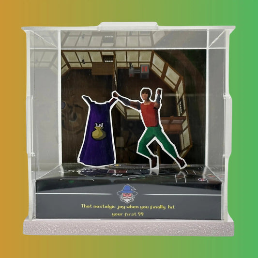 A vibrant RuneScape 99 Cooking Skillcape diorama celebrating mastery in cooking, complete with intricate details and the iconic cape.