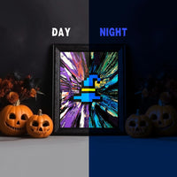 Glow-in-the-Dark Runescape Halloween Wizard Hat Spin Art Standing on a Table, Revealing a Mesmerizing Split Effect Between Day and Night. Ideal for Runescape and Halloween Enthusiasts.