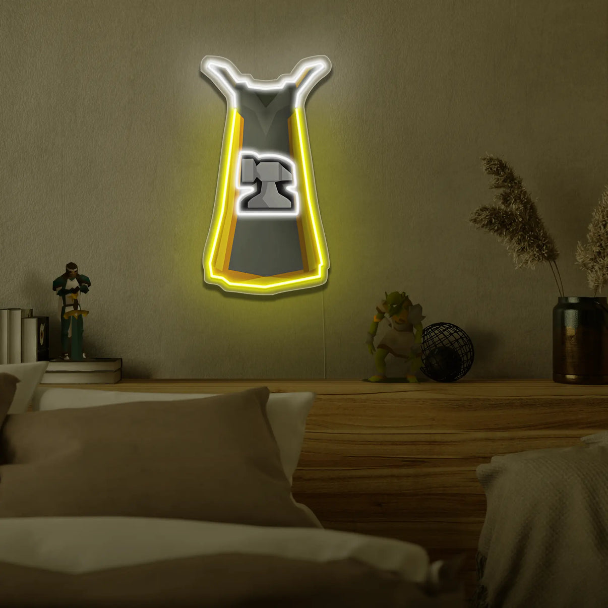 Osrs smithing cape neon sign shaped on a wall in a room with a bed and decorative items.