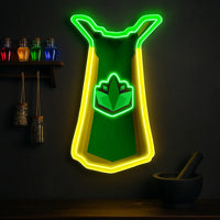 Runescape herblore cape neon sign hanging on the wall.