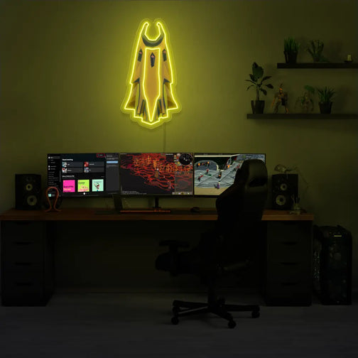 Illuminate your gaming setup with the Massori Max Cape LED neon sign mounted above a gaming PC. The prestigious Max Cape symbolizes mastery and dedication in Old School RuneScape. A perfect addition to the room, this LED neon sign enhances the ambiance for RS enthusiasts.