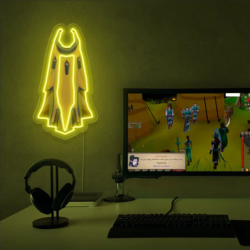 The Massori Max Cape LED neon sign proudly sits next to a gaming PC, symbolizing the dedication and skill required to achieve the Max Cape in Old School RuneScape. An emblem of achievement and excellence, this LED neon sign adds a touch of prestige and nostalgia to any gaming space. 