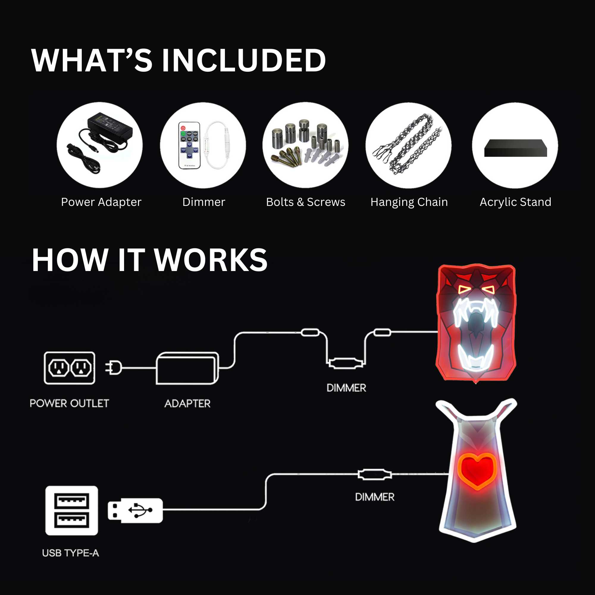 Detailed instructions for the Runescape Assembler Max Cape LED Neon sign, showing the differences between USB Type-A and PLUG-IN options. Essential for setting up this convenient OSRS-themed gift.