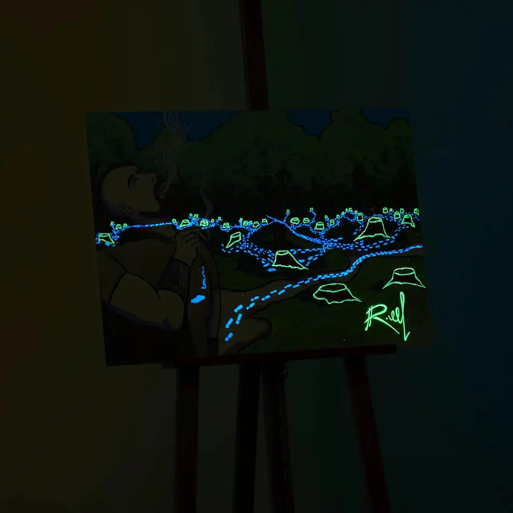 A night-time portrayal of the Forest Cutter from RuneScape, painted on canvas with glowing details that come to life in the dark, enhancing the atmosphere.