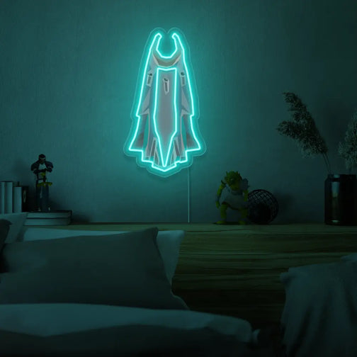 Runescape Assembler Max Cape LED Neon sign hanging above a bed in a bedroom, casting a soothing light. This OSRS-themed gift is perfect for Runescape fans looking to decorate their space.