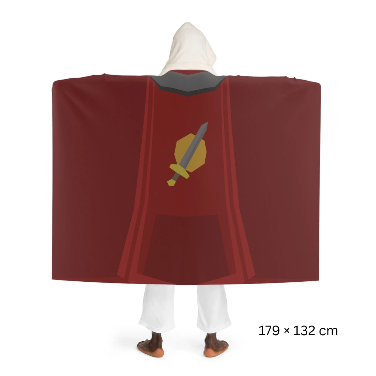 Hooded sherpa fleece blanket featuring the Attack skillcape design from Old School RuneScape, shown from the back as a cozy OSRS merch blanket and gamer gift