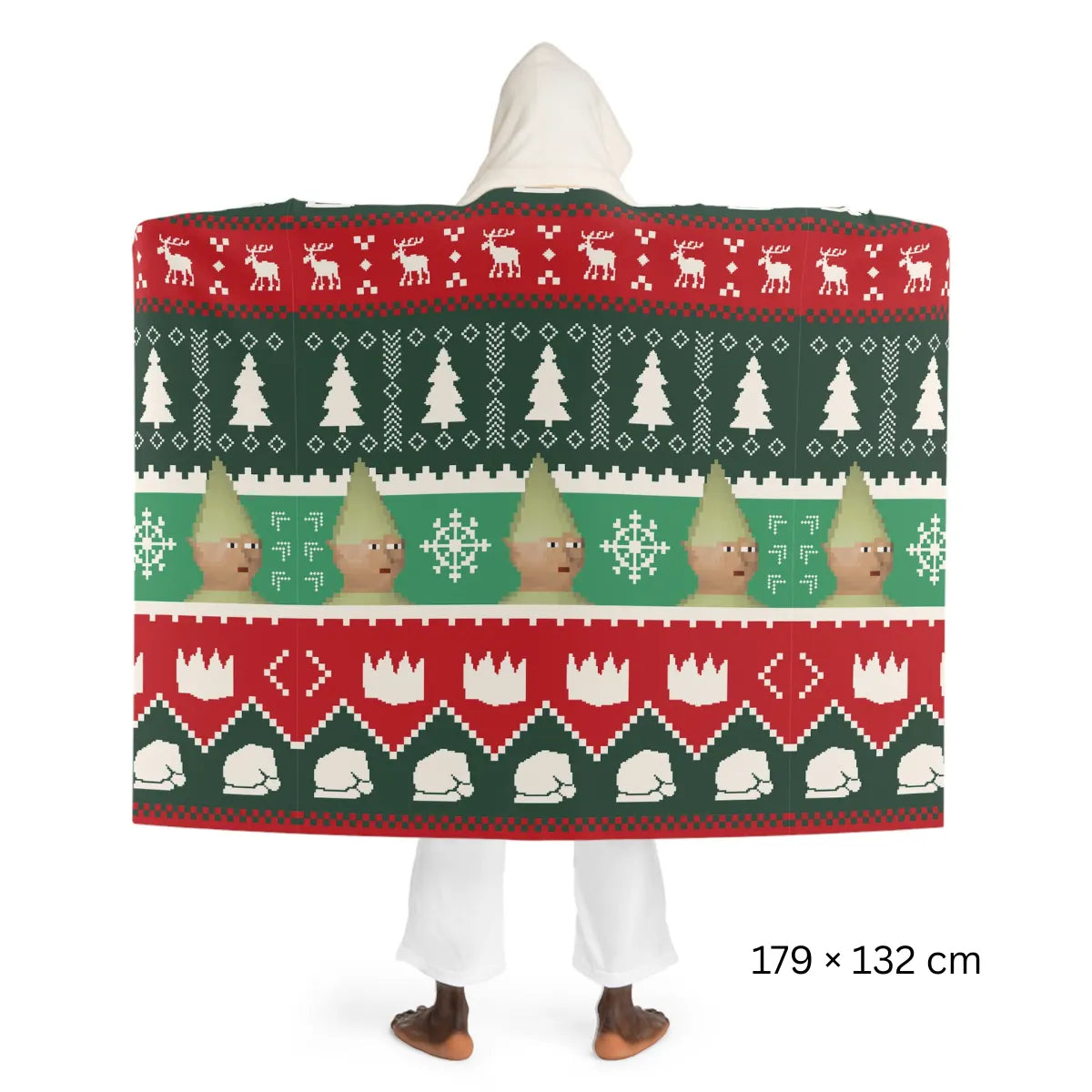 Back view of a Christmas skillcape hooded sherpa fleece blanket with festive OSRS design, Old School RuneScape merch blanket and a cozy holiday gift