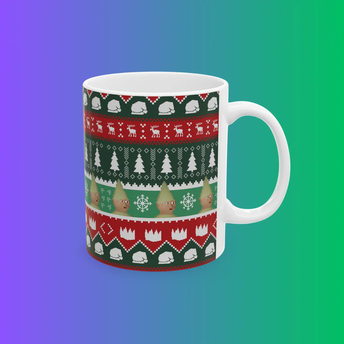 Coffee mug with Christmas themed OSRS design shown from front, Old School RuneScape merch drinkware and a festive gift for gamers