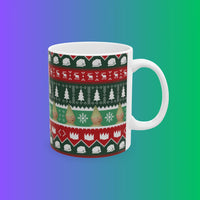 Coffee mug with Christmas themed OSRS design shown from front, Old School RuneScape merch drinkware and a festive gift for gamers