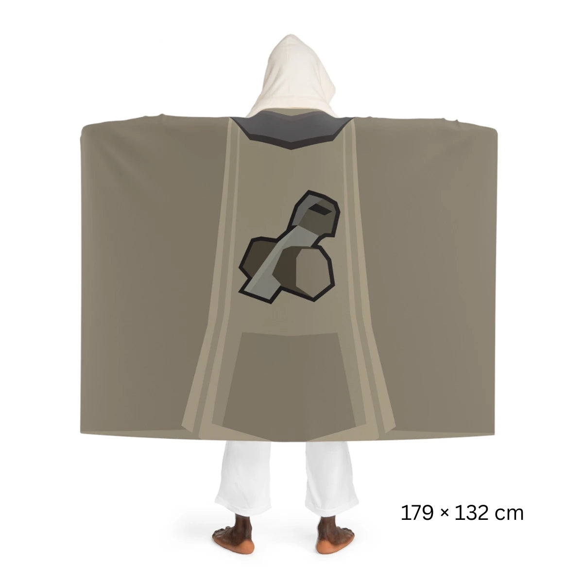 Back view of a Construction skillcape hooded sherpa fleece blanket, inspired by Old School RuneScape, a soft OSRS merch blanket and a unique gift for gamers