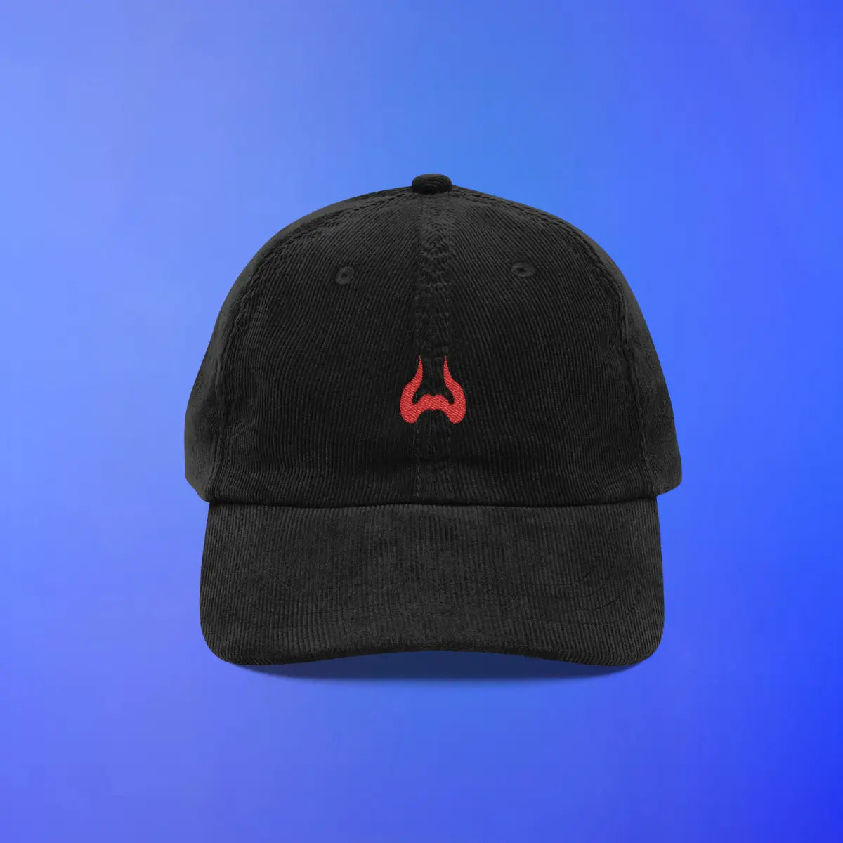 Black corduroy cap with Zamorak OSRS stitched emblem, Old School RuneScape merch cap and a striking everyday gift