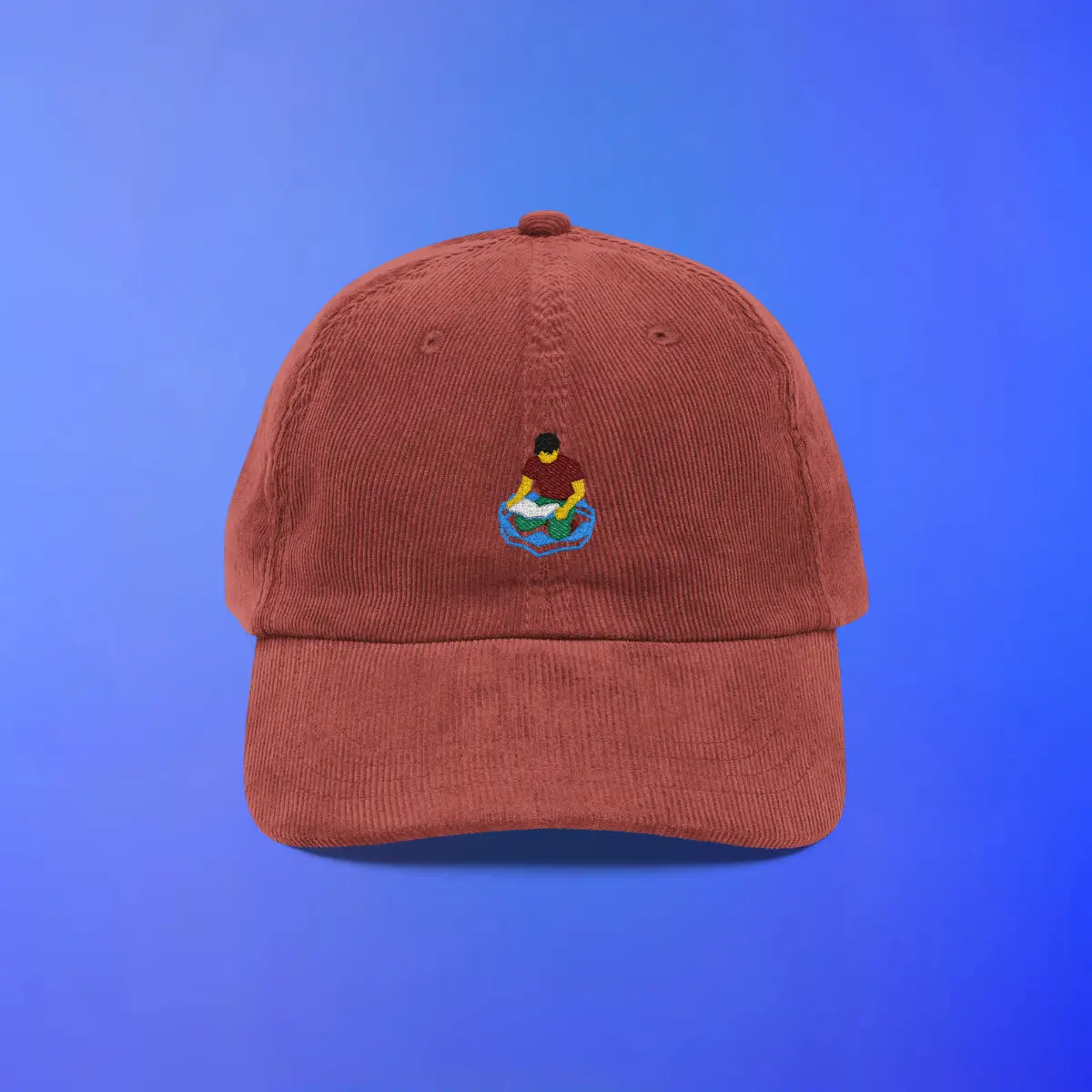 Red corduroy cap with Home Teleport OSRS embroidery on the front, Old School RuneScape merch cap and a fun gift for gamers