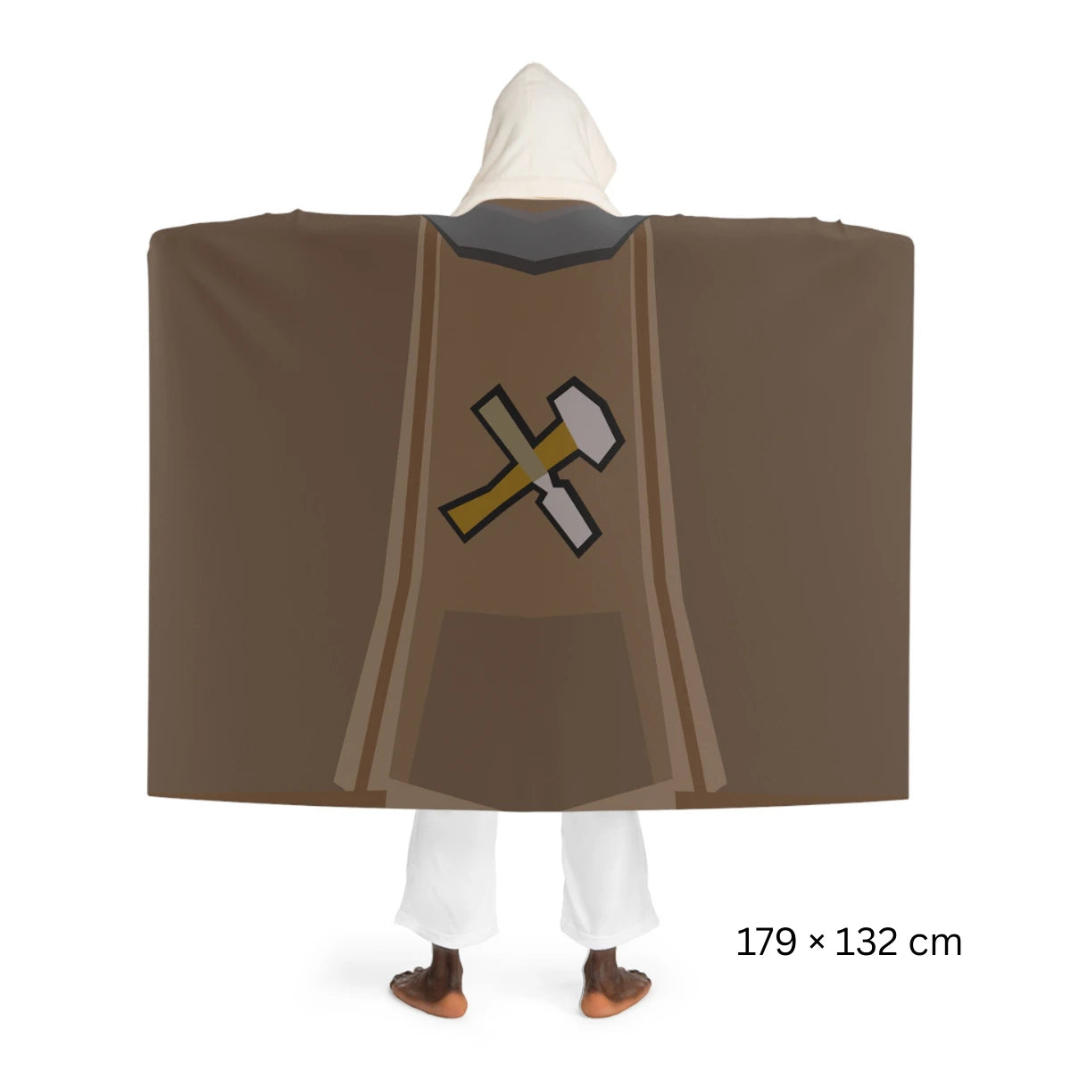 Back view of a hooded sherpa fleece blanket showcasing the Crafting skillcape, inspired by Old School RuneScape, a soft OSRS merch blanket and a great gift