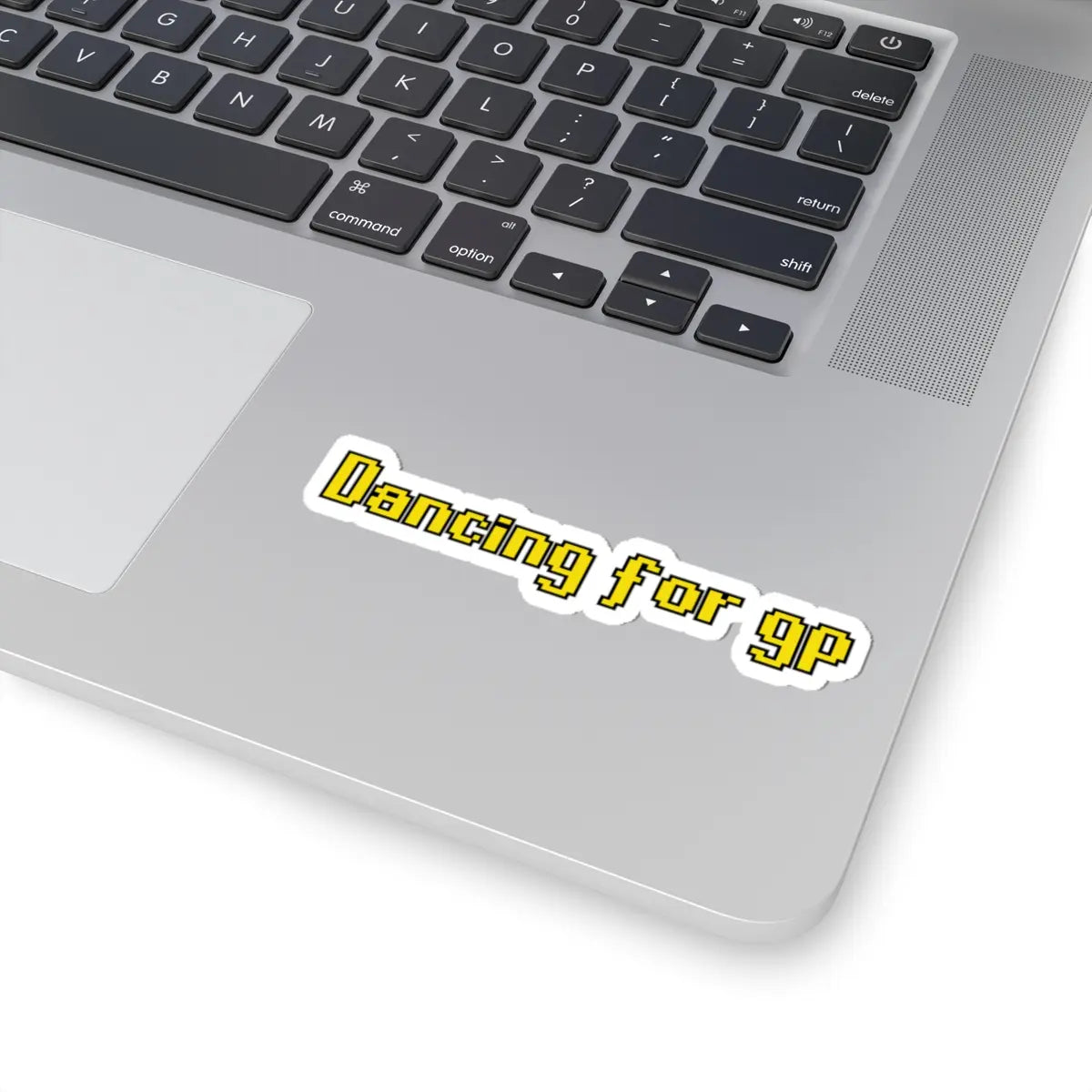 OSRS dancing for GP sticker placed on laptop surface, Old School RuneScape merch sticker decal and a funny gift for gamers