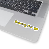 OSRS dancing for GP sticker placed on laptop surface, Old School RuneScape merch sticker decal and a funny gift for gamers