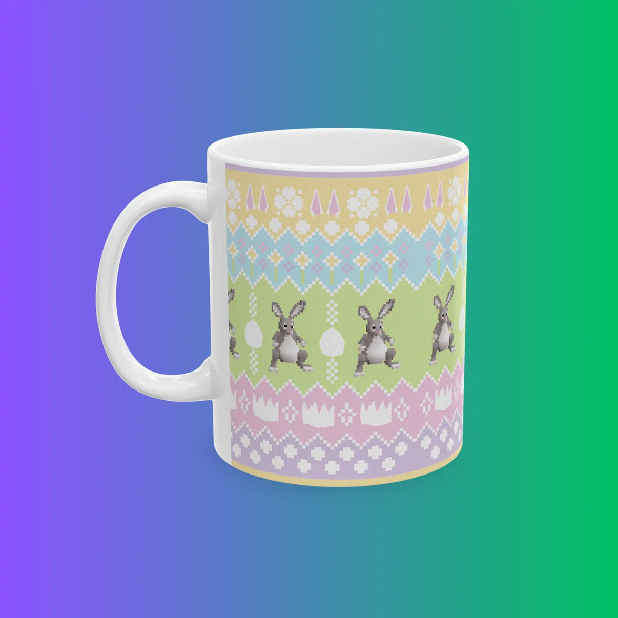 Coffee mug with Easter themed OSRS design shown from front, Old School RuneScape merch drinkware and a cheerful gift for gamers