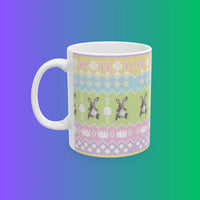 Coffee mug with Easter themed OSRS design shown from front, Old School RuneScape merch drinkware and a cheerful gift for gamers