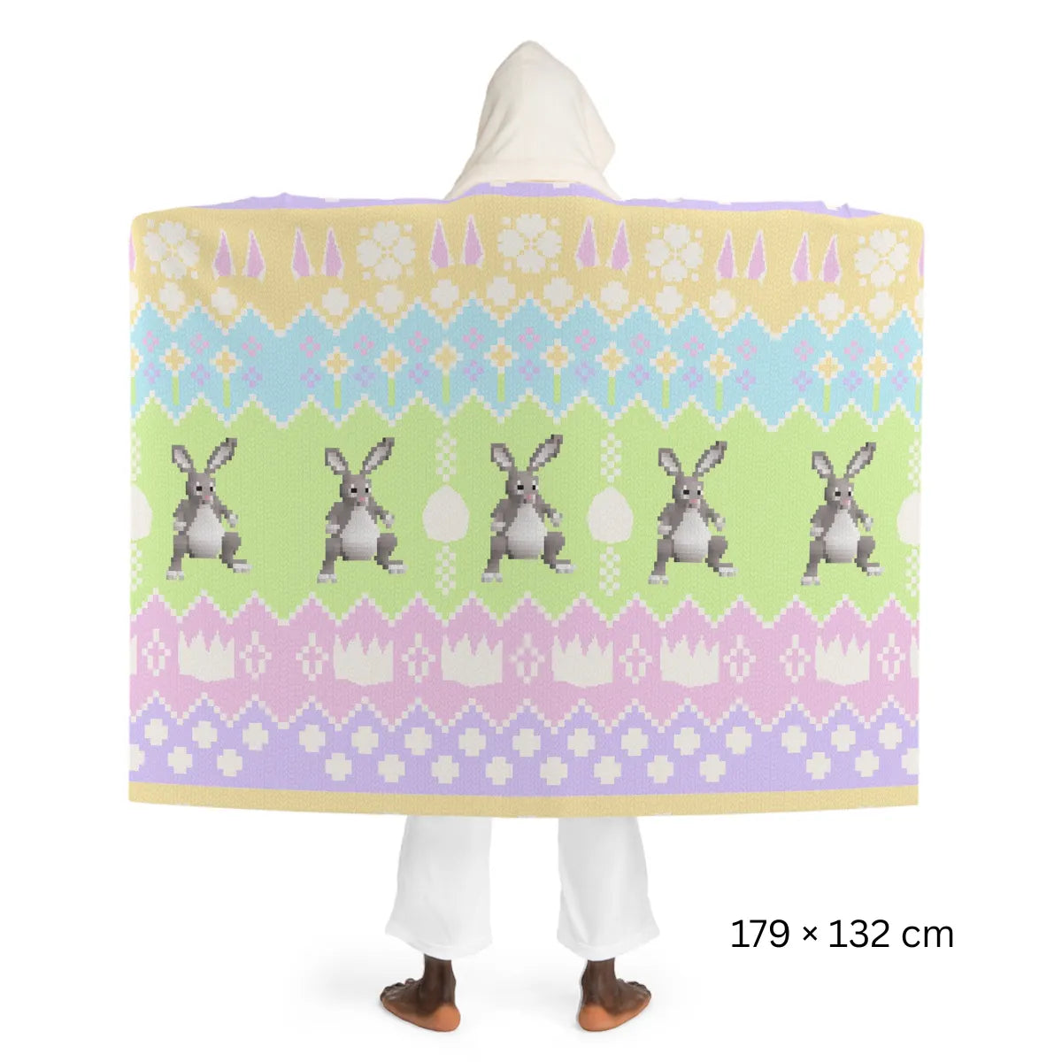 Back view of an Easter themed OSRS hooded sherpa fleece blanket with colorful seasonal pattern, Old School RuneScape merch blanket and a cheerful gift for gamers