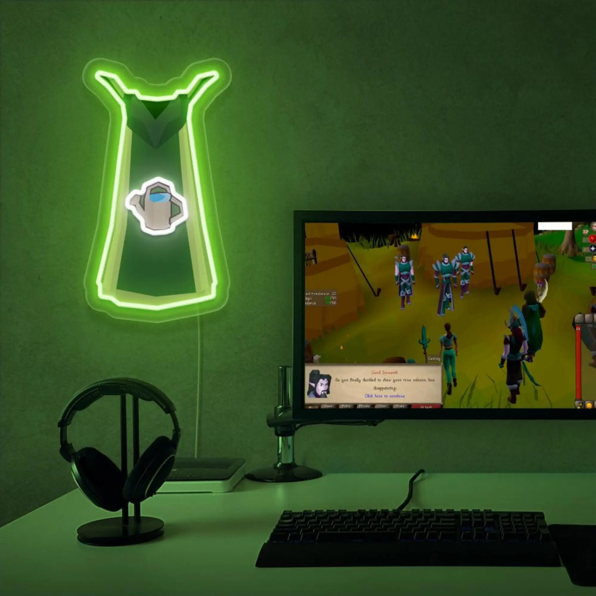 RuneScape Farming Skillcape LED neon sign next to gaming PC – OSRS setup wall decor