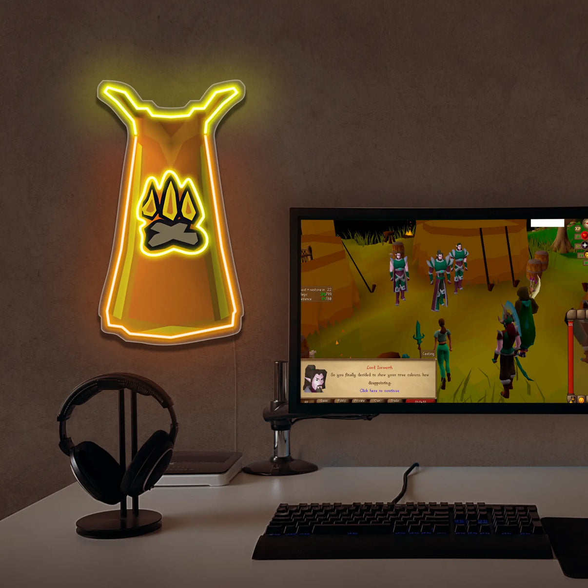 Runescape Firemaking cape Neon sign near gaming setup.